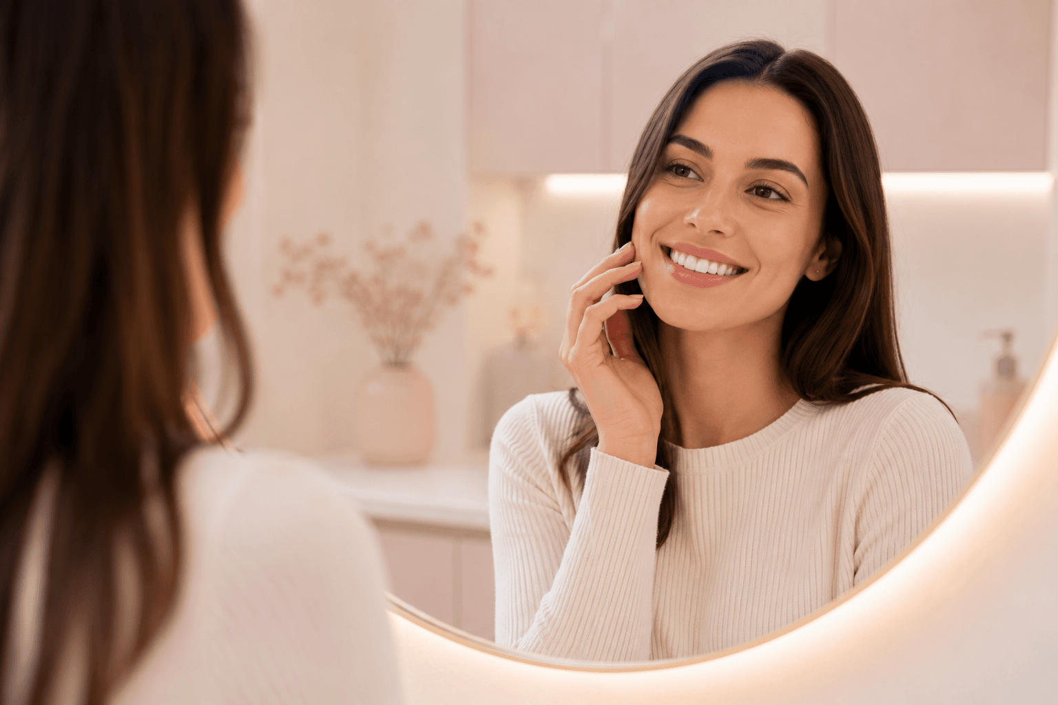 A woman smiling confidently at her reflection in a softly lit mirror
